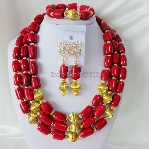 Handmade Nigerian African Wedding Beads Jewelry Set , Red Coral Beads Necklace Bracelet Earrings Set CWS-395