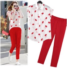 XL-4XL 2 Piece Set Women Summer Lips Pattern Short Sleeve Chiffon Blouse Red Pant Office Ladies Suit Leisure Trousers plus Size