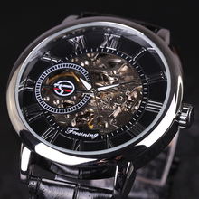 2016 FORSINING Fashion Design Black Gold Watch hand wind mechanical watch for men black leather band