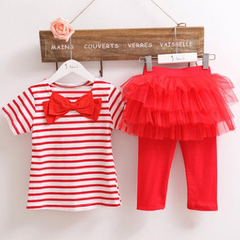 2014 New Girls Clothing Set Kids Set Summer Wear Short Sleeve Suit Children Clothing Suit Bow T Shirt+Pants Free Shipping A034