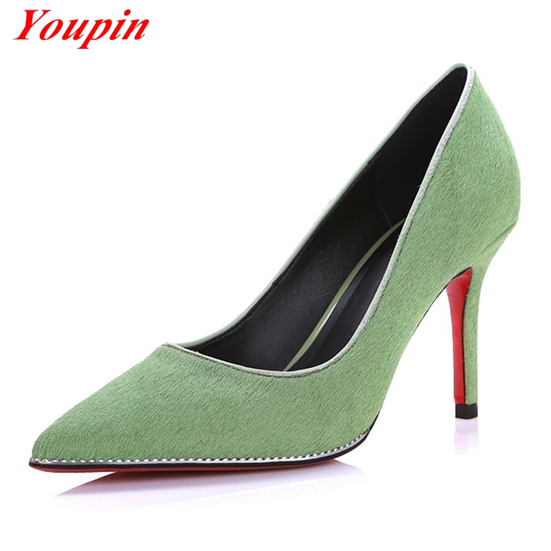 Horsehair High-Heeled Shoes 9cm Woman 2016 Classic OL Office Lady Fashion Shoes Pointed Black/Red/Green Sweet Sexy Banquet Shoes