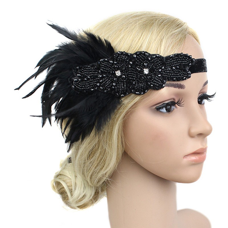 Hair Accessories Black Rhinestone Beaded Sequin Hair Band 1920s