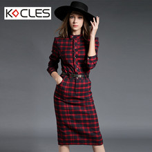 Women Spring Autumn Elegant Modest Slim Mid-Calf Cotton Tunic Belted Tartan Mandarin Collar Long Sleeve Work Party Pencil Dress