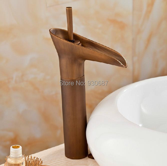 Фотография Tall Antique Brass Waterfall Bathroom Vessel Sink Faucet Single Handle Mixer Tap
