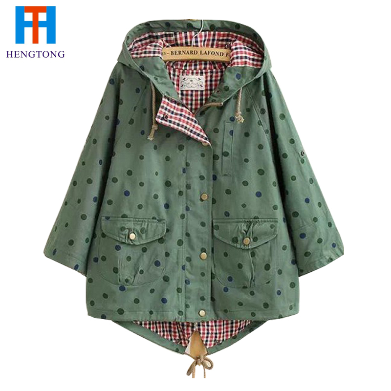 2015 New Women Jackets Spring Cute Batwing Sleeve Polka Dot Printing Pockets Hooded Pockets Button Costume