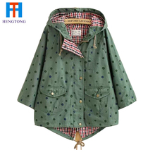 2015 New Women Jackets Spring Cute Batwing Sleeve Polka Dot Printing Pockets Hooded Pockets Button Costume