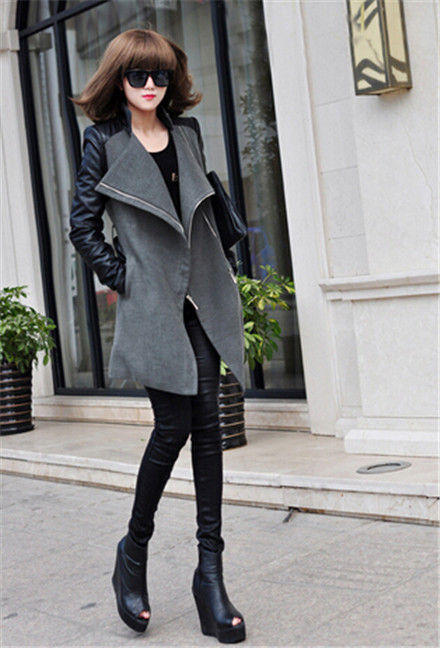 Europe Winter Coat Women 2015 Leather Sleeve Woolen Trench Coat Slim Veste Femme Black Casaco Feminino Fashion Female Overcoat (2)