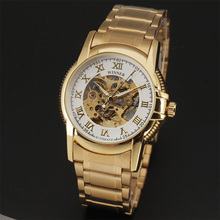 2016 Winner Luxruy Brand Men Wristwatch Skeleton Clock Male Metal Strap Casual Mechanical Automatic Watches Golden