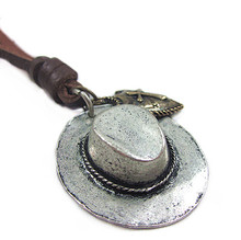 Hot sale 100% genuine leather women pendant necklace with cowboy hat punk style vintage necklace jewelry for men free ship NX-72