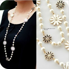Free shipping 2013 Latest Fashion  Pearl Flower Style long Necklace for Woman
