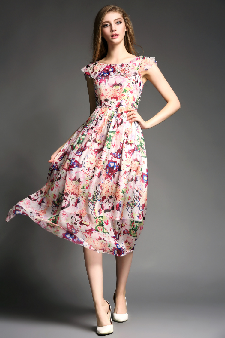 summer dress 2015 summer new elegance silk dress printed dress size s