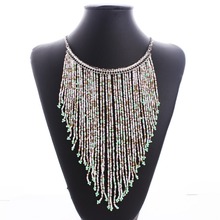 100 Handmade Bohemian Style Long Tassel Fashion Jewelry Turquoise Color Beads Pendant Statement Necklace XL5180