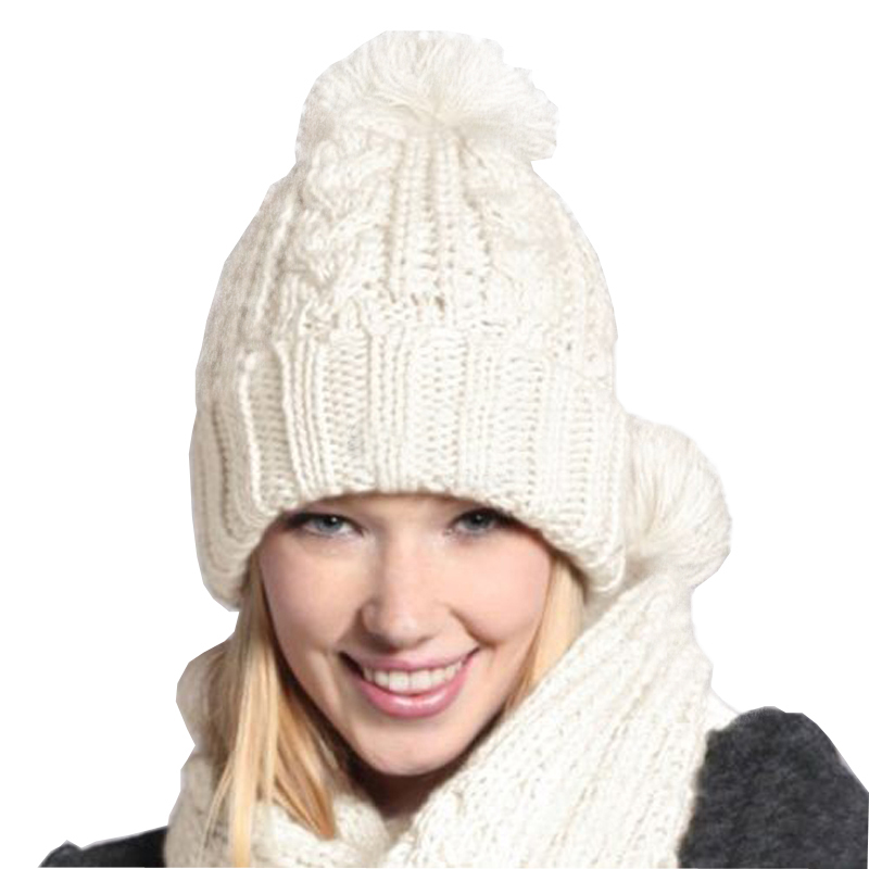 2pcs/Set Warm Scarf Winter Hats For Women Beanies Solid Cuffed Knitted