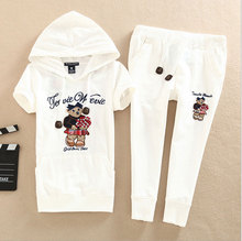 New 2016 Wome Summer Solid Hooded T Shirt Elastic Pants 2 pieces Sets Girls Bear Embroidery Short Sleeve Sports Sets Pokemon Go