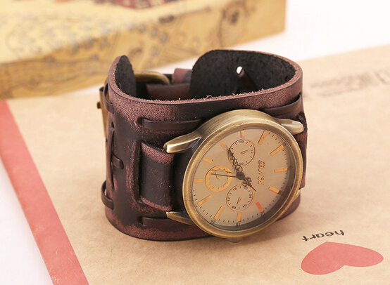 Punk Casual Wide Strap Genuine Leather Mechanical Dial Wristwatches Weave Vintage Bracelet Fashion Jewelry Watches Men