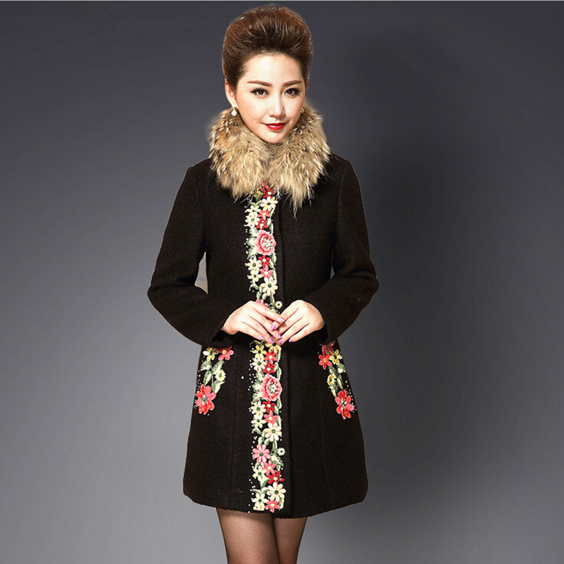 New 2015 women's autumn winter woolen coat flower embroidery designer woolen coat Elegant vintage outwear D5052