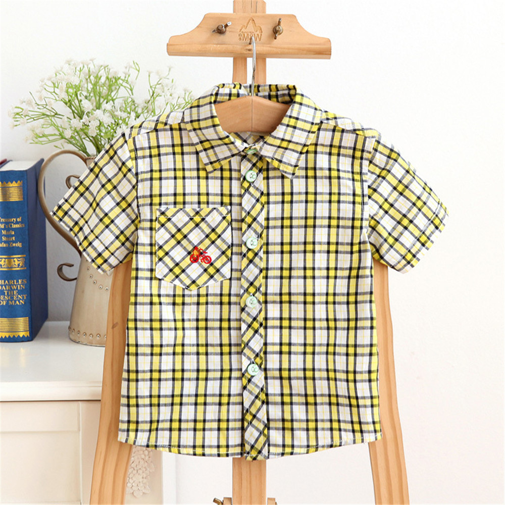 Free Shipping Boy Shirt Summer Cotton Kid Clothing Short Sleeve Plaid Boy Shirt font b Tartan