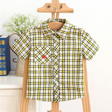 Free Shipping Boy Shirt Summer Cotton Kid Clothing Short Sleeve Plaid Boy Shirt Tartan Gingham Boy Embroidery Pocket Kid Shirt