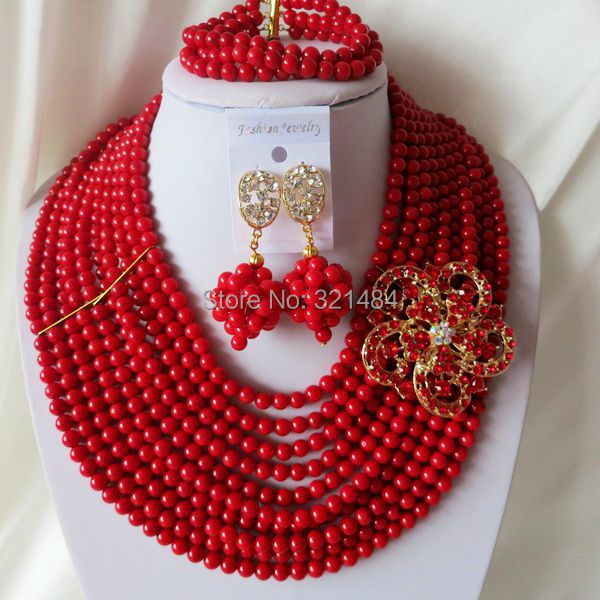 Fashion Nigerian Wedding African Beads Red Coral Beads Jewelry Set Necklace Bracelet Earrings CJS-321