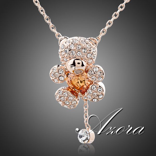 AZORA Cute Girl 18K Rose Gold Plated Rhinestones and Heart Shape Zircon Bear Jewelry Necklace TN0093