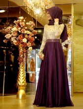 2016 Hot Sale Long A-line Purple Blue Chiffon Evening Dress Gold Lace Top Beaded Waist Long Sleeves Prom Party Gowns R05243