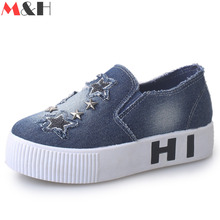 M&H Brand Woman Spring 2016 Denim Casual Shoes Ladies Platform Loafers Women Lazy Shoes with Star Slip on Canvas Flats Casual