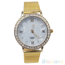 Women Elegant Crystal Roman Numerals Golden Plated Metal Mesh Band Wrist Watch 1QB6 4BIV
