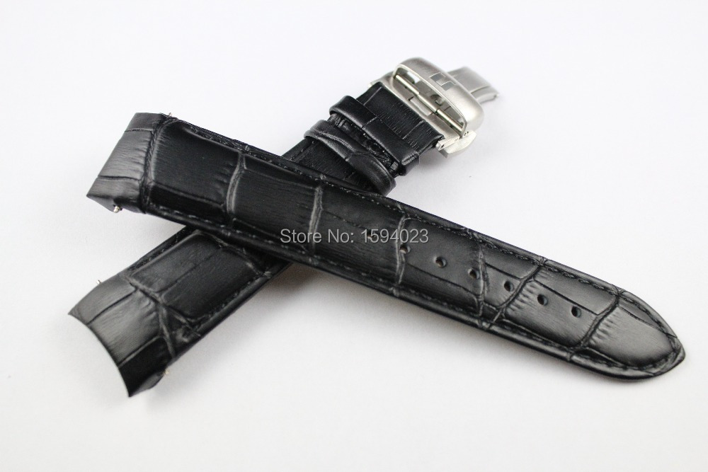 22mm Buckle 20mm T035407A T035410 High Quality Silver Butterfly Buckle Black Genuine Leather curved end Watchband