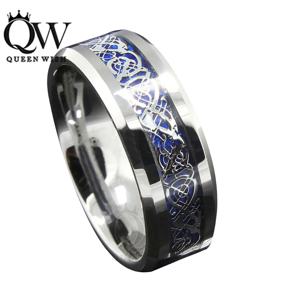 Queenwish Unique 8Mm Silver Blue Celtic Wedding Rings Tungsten Carbide Anniversary His and Hers Wedding Bands
