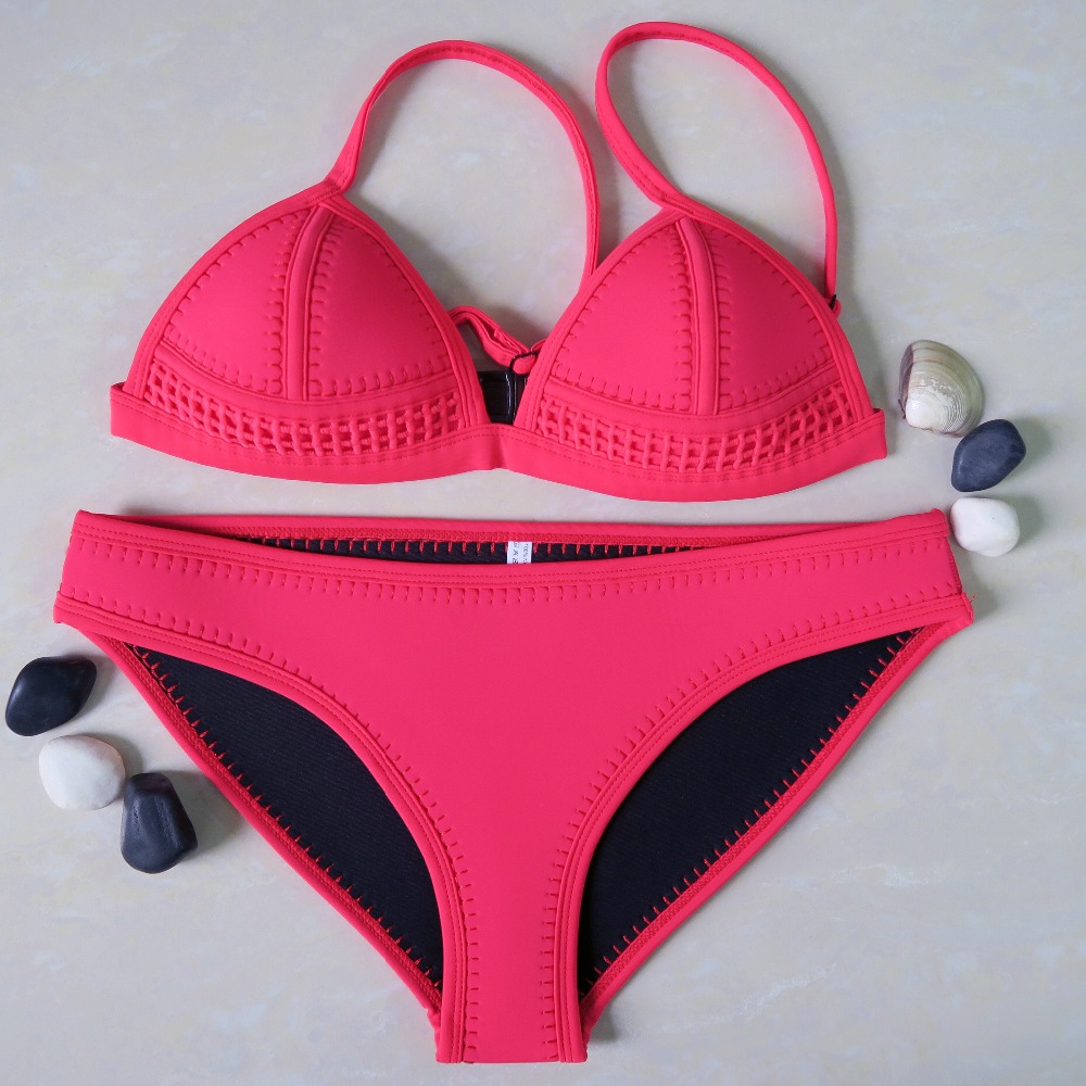 Summer 2016 Women Sexy Swimsuit Noeprene Bikini Set Crochet Neoprene Bikinis Swimwear Beach Biquini Pad Bath Suit Push UP -SC03C