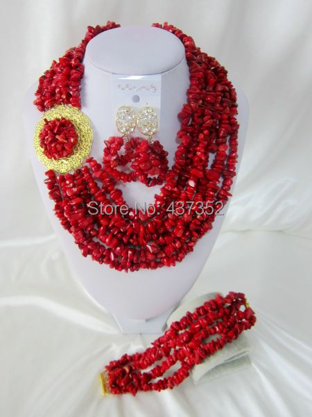 Handmade Nigerian African Wedding Beads Jewelry Set , Champagne Gold Crystal Coral Beads Necklace Bracelet Earrings Set CWS-444