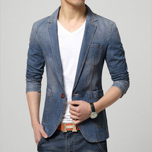 Men slim fit plus size jean blazer jacket 2016 Spring Fashion Pure cotton splicing denim blazer Skinny jacket coat young Men