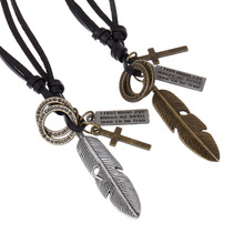3 Colors 2015 new arrival Genuine leather punk vintage style pendants & necklaces for women men jewelry Cross / Feather