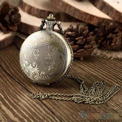 Retro Vintage Unique Bronze Quartz Pendant Chain Necklace Clock Pocket Watch 1L2O 2XH2