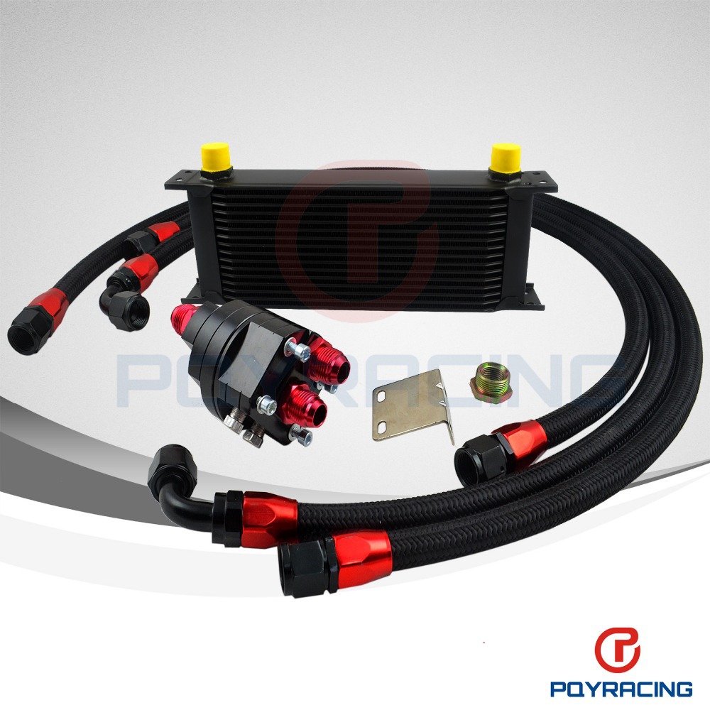 PQY STORE-UNIVERSAL 16 ROWS ENGINE OIL COOLER+ALUMINUM OIL FILTER/COOLER RELOCATION KIT+3X BLACK NYLON BRAIDED HOSE LINE+ADAPTER