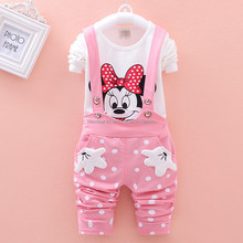2016 Baby Girls Clothes Cartoon Printed Long Sleeve Tops T-shirt + Polka Dot Overalls 2PCS Outfits Set Kids Bebes Clothes Suits