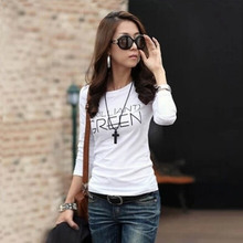 2015 New Casual Cotton Letters Printed T Shirt Fashion Sexy Women Slim Long Sleeve Blouse Blusas