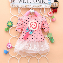 2016 Vestidos baby girl dress roupas infantil meninas lovely cute Lollipops full sleeve polka lace dress with bow-knot wear