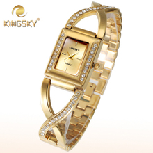 2015 Kingsky Dial Square de diamantes pulsera mujeres del reloj de la aleación analógico mujeres reloj de cadena para mujer muñeca pequeño oro de lujo reloj