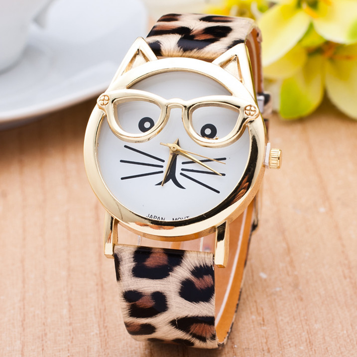 Cat Watch with Glasses Fashion Women Quartz Watches Reloj Mujer 2015 Relogio Feminino Leather Strap New