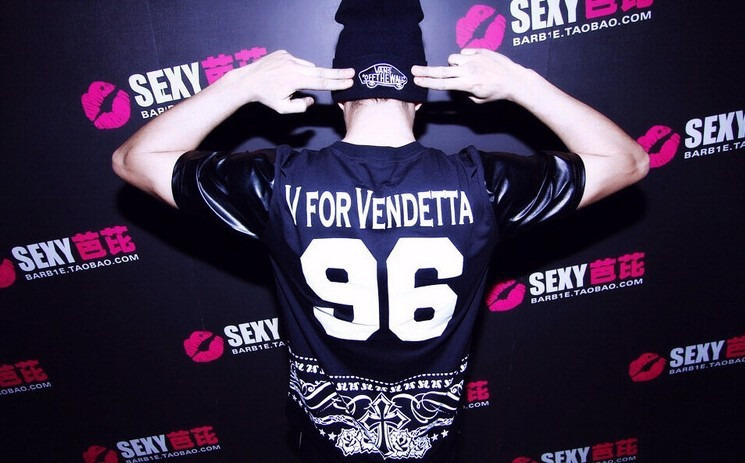 2014 Famous Brand Men's Hip Hop t-shirt Leather Sleeve Tee Shirts V For Vendetta Printed Men Streetwear Man Rock Clothing