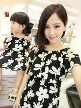 2016 Summer mother daughter dresses clothes flower chiffon family set beach strapless matching mother daughter dresses outfits