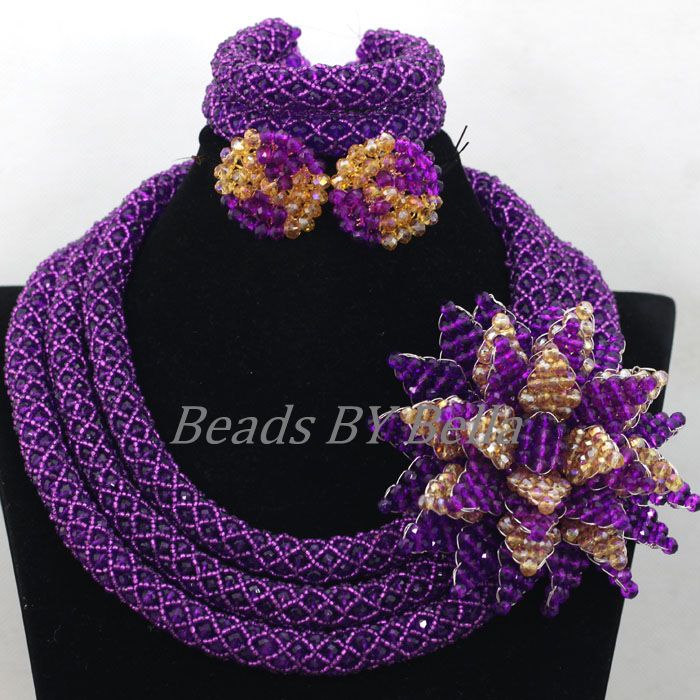 Braid Flowers Choker Necklace Set Purple Beads Nigerian Wedding Crystal African Beads Bridal Jewelry Sets Free Shipping ABK479