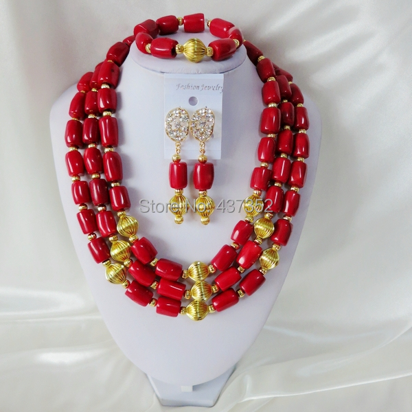 Handmade Nigerian African Wedding Beads Jewelry Set , Red Coral Beads Necklace Bracelet Earrings Set CWS-396