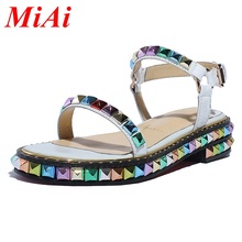 2016 new summer gladiator sandals genuine leather women sandals european shoes woman with rivets punk style ladies casual shoes