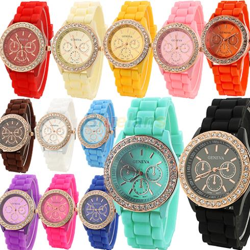 Min. 16 Fashion Geneva Wristwatch Vintage Golden Crystal Rhinestone Watches Silicone Strap Quartz Wrist Watch for Ladies Women