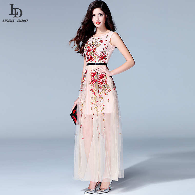 Luxury High Quality 2015 Designer Runway Maxi Dress Summer Women Sleeveless Pink Flowers Embroidery Formal Party Gown Long Dress