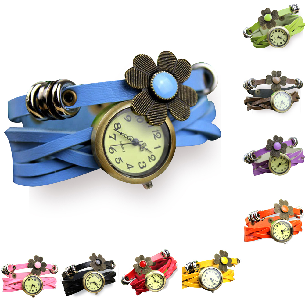 Women s Girl s Trendy Sunflower Decoration Multilayer Weave Leather Belt Bracelet Analog Quartz Movement Wrist