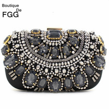 Women Famous Brand Crystal Evening Purse Metal Clutches Black & Silver Beaded Box Clutch Bags Handbags Bolsos Mujer Con Pedreria