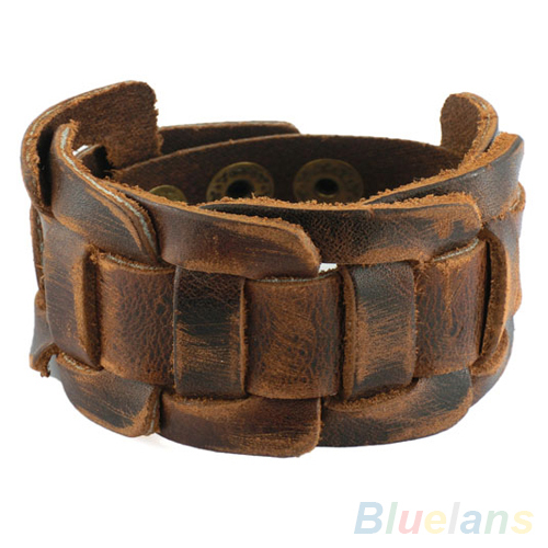 Men Retro Weave Genuine Leather Belt Wristband Bangle Snaps Fastener Cuff Bracelet 28SZ
